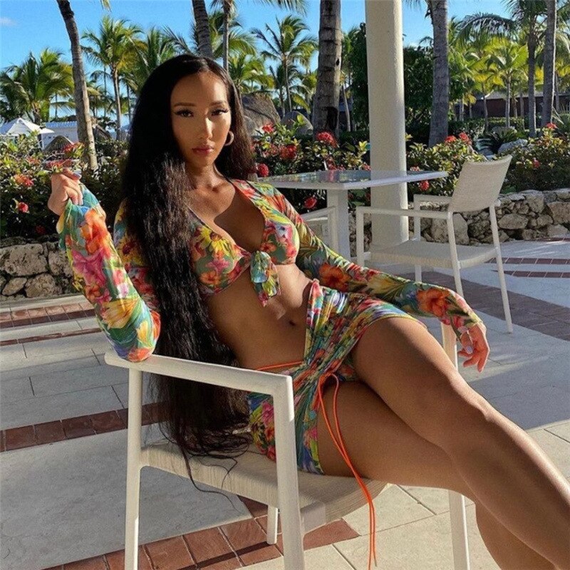 Ensemble de plage 3 pièces fleur imprimé maille Sexy haut et jupes