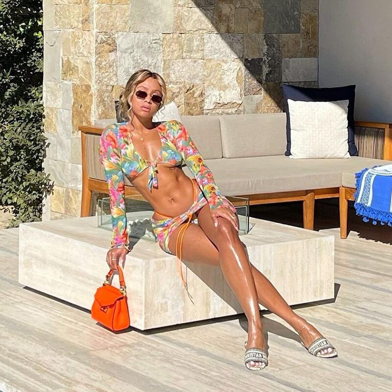 Ensemble de plage 3 pièces fleur imprimé maille Sexy haut et jupes