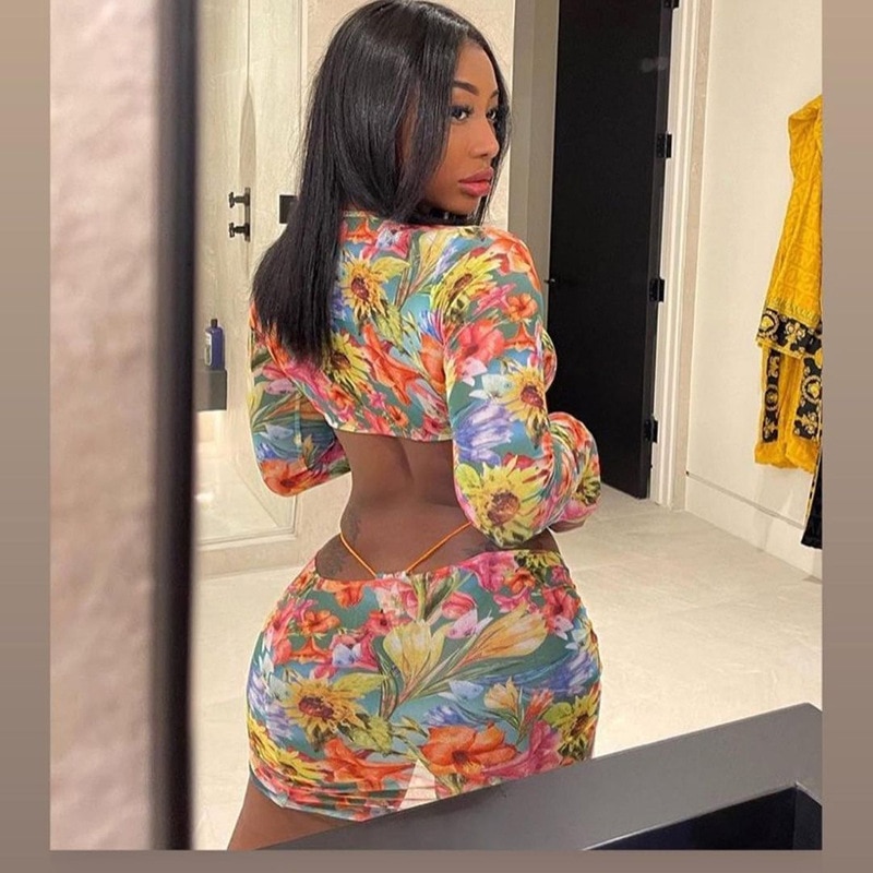 Ensemble de plage 3 pièces fleur imprimé maille Sexy haut et jupes