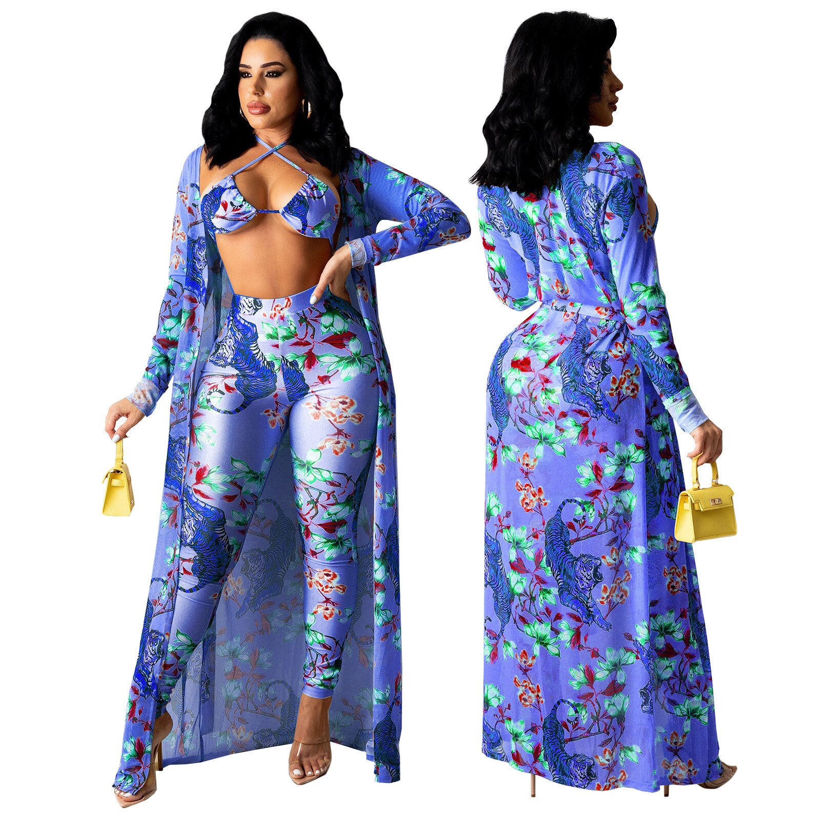Ensemble 3 pièces pantalon et Cardigan à manches longues, haut Sexy, imprimé Floral, survêtement moulant