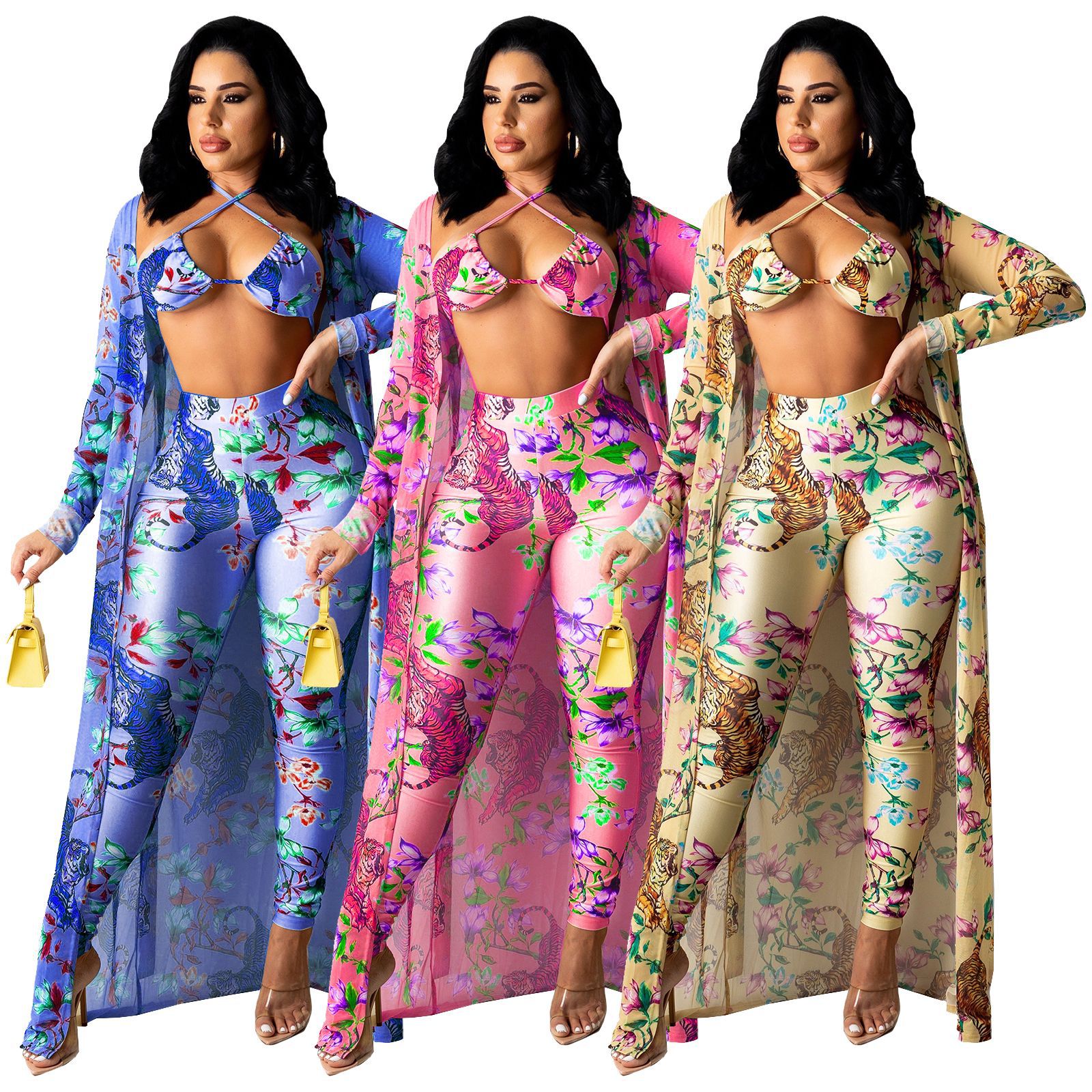 Ensemble 3 pièces pantalon et Cardigan à manches longues, haut Sexy, imprimé Floral, survêtement moulant