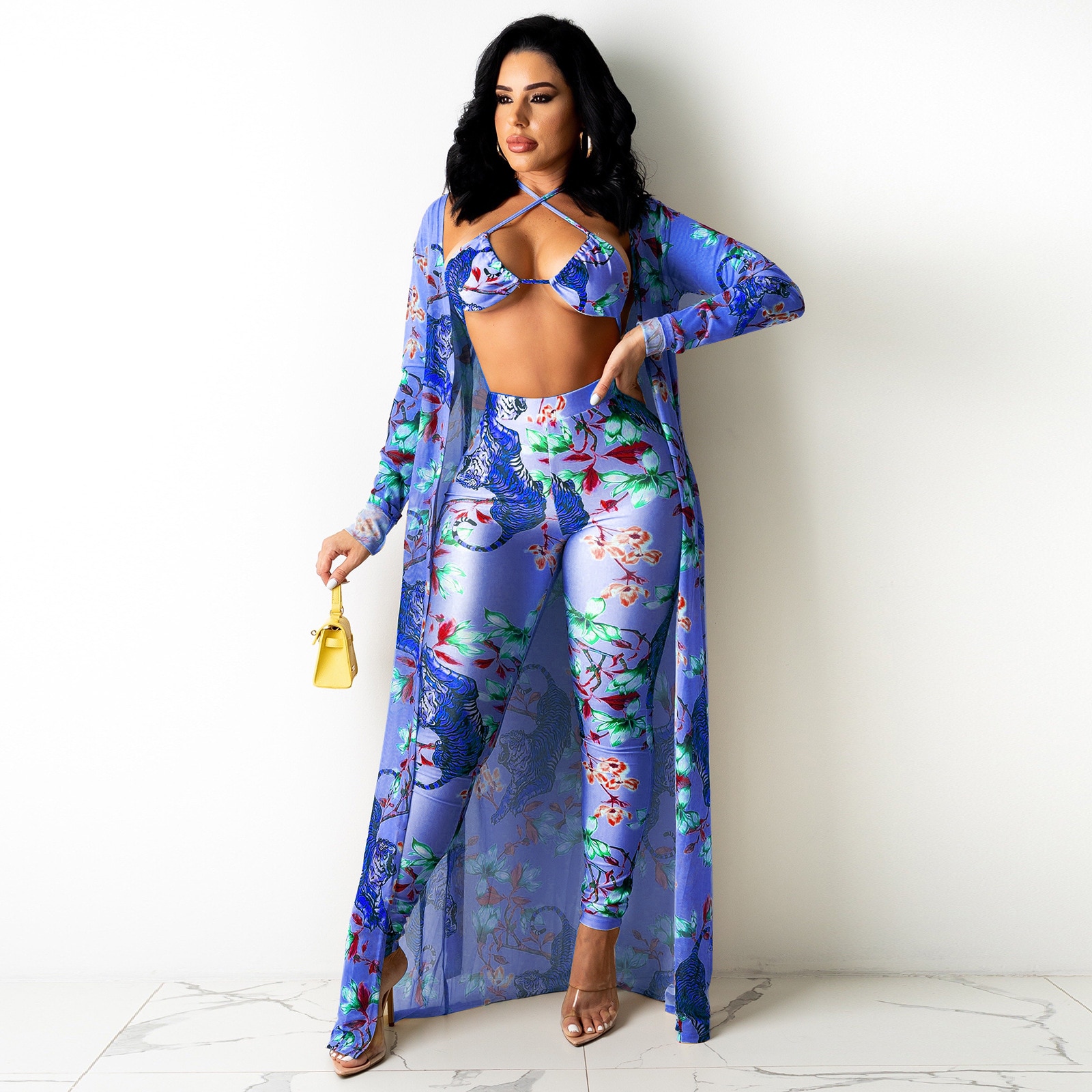 Ensemble 3 pièces pantalon et Cardigan à manches longues, haut Sexy, imprimé Floral, survêtement moulant