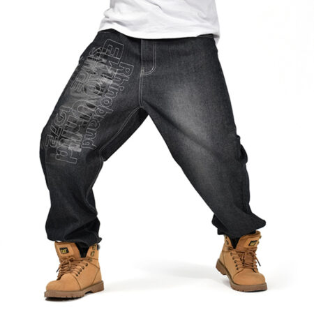 Pantalon jeans noir broderie impression